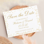 Goldstaub Confetti Save the Date Ankündigungspostkarte<br><div class="desc">Personalisieren Sie mit Ihren Namen und Details in einem schönen goldenen Skript auf einem zarten goldenen Staub Konfetti Hintergrund. Entworfen von Pure Piglet© unter www.zazzle.com/purepiglet*.</div>