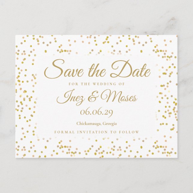Goldstaub Confetti Save the Date Postkarte (Vorderseite)