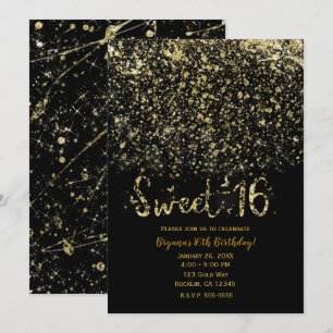 Goldstaub Glitter und schwarze Sweet 16 Sixteen Pa Einladung
