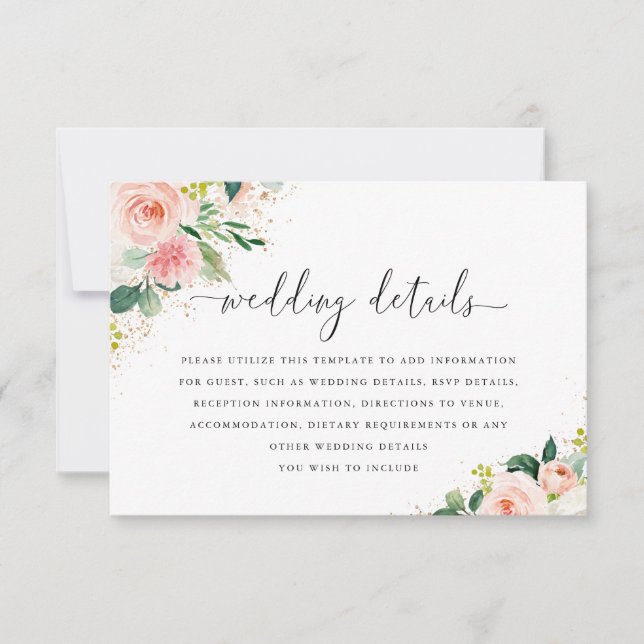 Goldstaubpfirsiche Blush Floral Wedding Details Ca RSVP Karte (Vorderseite)