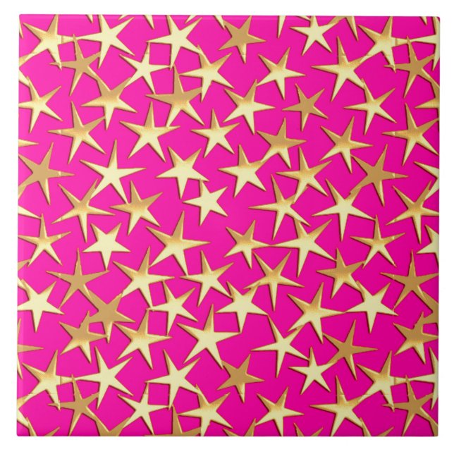 Goldsterne auf pinkfarbenem Rosa Fliese (Vorderseite)