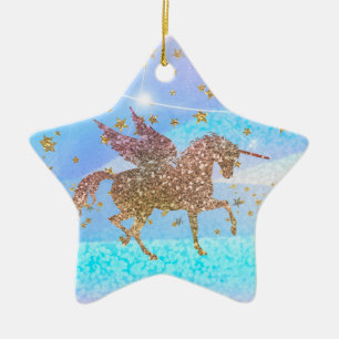 Goldsterne Glitzer Fliegendes Einhorn Lila Benutze Keramik Ornament