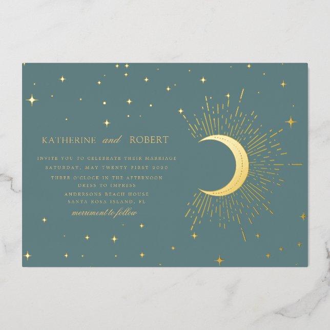 Goldsterne Hochzeit Mitternacht Folieneinladung (Vorderseite)