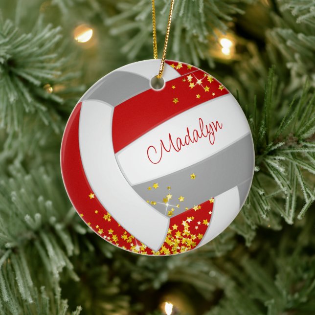 Goldsterne Rot-Grau-Volleyballmädchen Keramik Ornament (Baum)