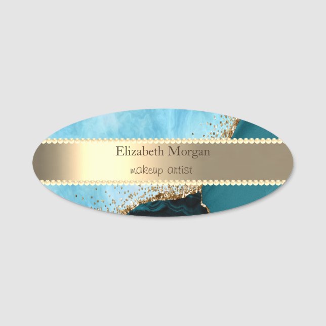 Goldstreifen, Perlen, türkisfarbene Marmorsäulen Namensschild (Vorderseite)