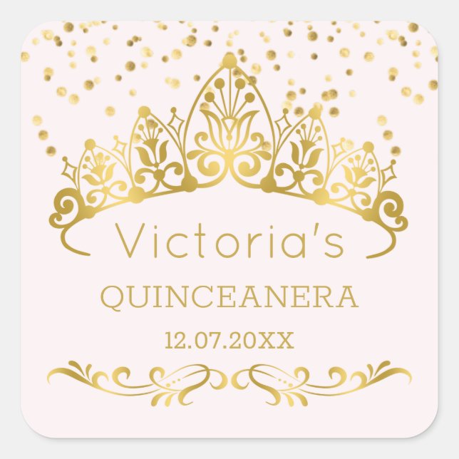 Goldtiara, Polka dot confetti Quinceanera Quadratischer Aufkleber (Vorderseite)