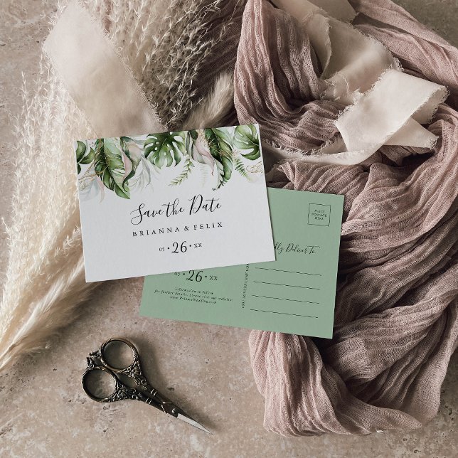 Goldtropische Vegetation Save the Date horizontal Postkarte (Von Creator hochgeladen)