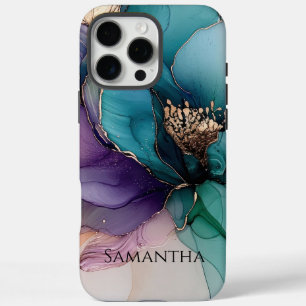 Goldtürkisfarbene Lila Blume iPhone 16 Pro Max Hülle