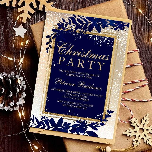 Goldtypografie Blankenschnee elegant Weihnachten Einladung (gold typography blue leaf snow elegant Christmas Invitation)