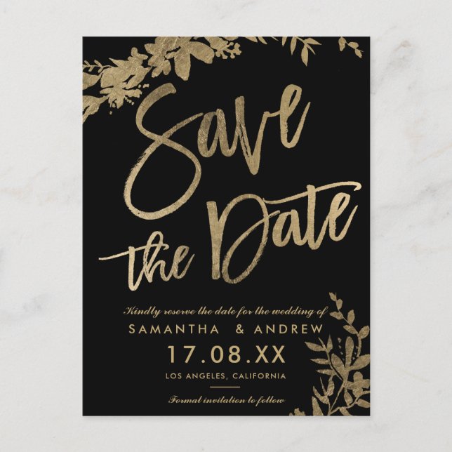 Goldtypografie Blatt blorschwarz Save the Date Ankündigungspostkarte (Vorderseite)