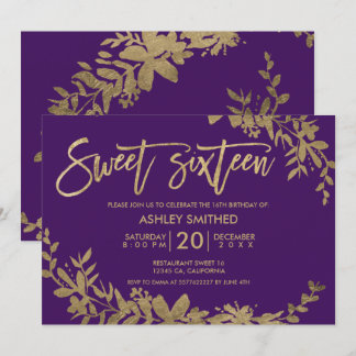 Goldtypografie Blatt Blumenblättern lila süß 16 Einladung