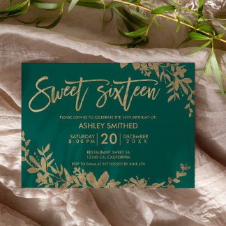 Goldtypografie Blatt Blumengrün, süß 16 Einladung