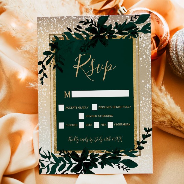 Goldtypografie Blattschnee elegant Winter RSVP Karte (gold typography leaf snow elegant winter RSVP card)