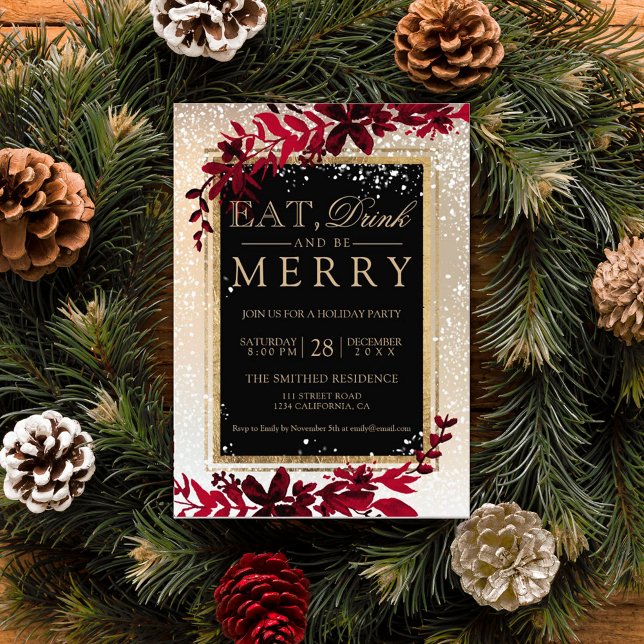 Goldtypografie Blattschnee rot essen Weihnachten Einladung (Von Creator hochgeladen)