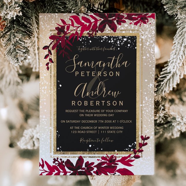 Goldtypografie-Blattschnee Rote Winterhochzeit Einladung (gold typography leaf snow red winter wedding invitation)