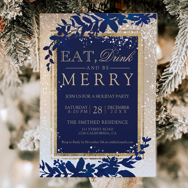 Goldtypografie-Blattschneedecke essen Weihnachten Einladung (gold typography leaf snow navy eat Christmas Invitation)