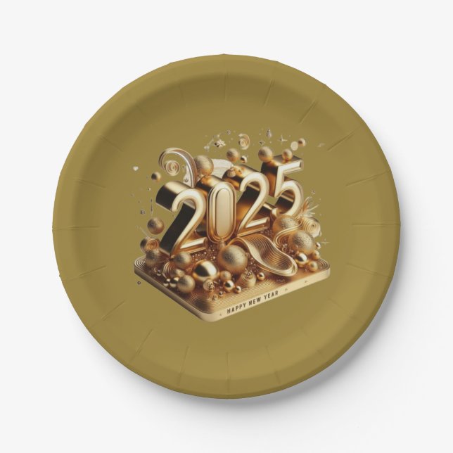 Goldtypografie glücklich im neuen Jahr 2025 Pappteller (Vorderseite)