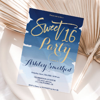 Goldtypografie Marineblau Aquarell Sweet 16 Einladung