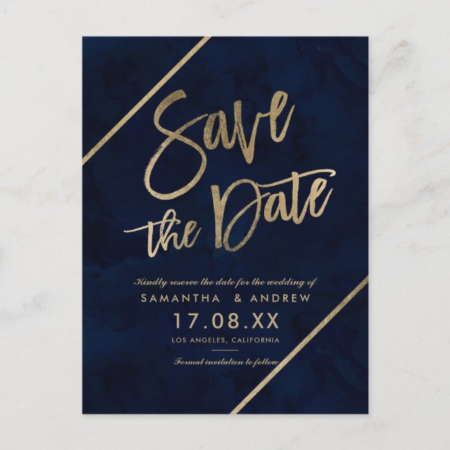 Goldtypografie und blaue Wasserfarbe Save the Date Ankündigungspostkarte (Vorderseite)