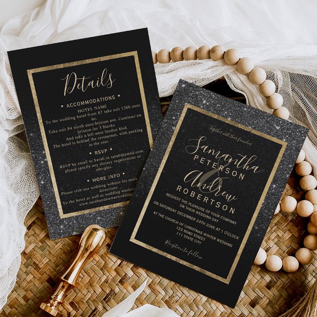 Goldtypografie-Winterhochzeit aus schwarzem Glitze Einladung (Black glitter gold typography chic winter wedding invitation)
