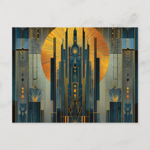 Goldverzierter Art Deco-Wolkenkratzer Mitternacht Postkarte