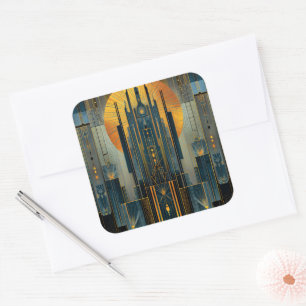 Goldverzierter Art Deco-Wolkenkratzer Mitternacht Quadratischer Aufkleber