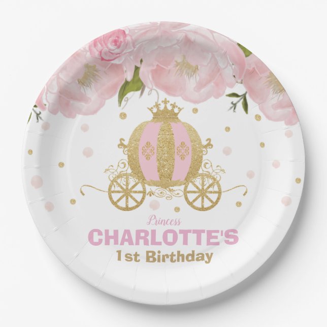 Goldwagen Prinzessin-Birthday Party Floral Pink Pappteller (Vorderseite)