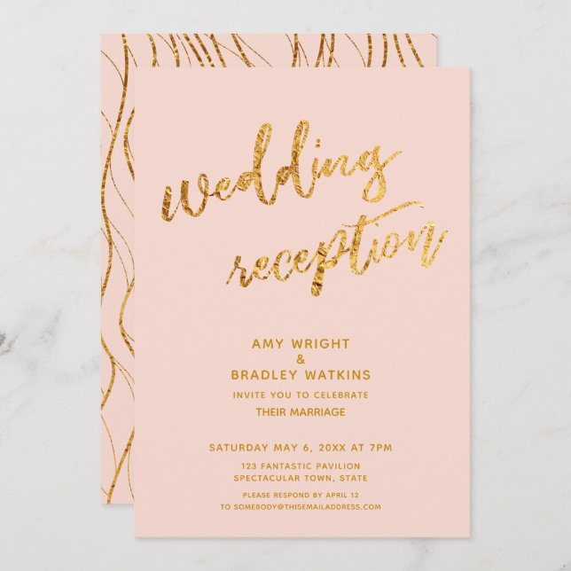 Goldwaves & Handwriting Blush Hochzeitsempfang Einladung (Vorne/Hinten)