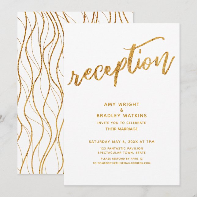 Goldwaves & Handwriting White Wedding Empfang Einladung (Vorne/Hinten)