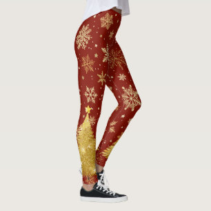 Goldweihnachtsbaum und Goldschneeflocken auf Rot Leggings