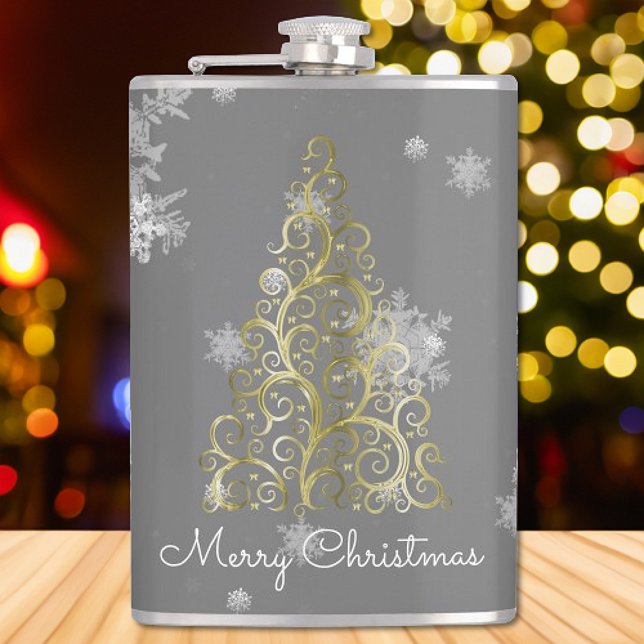 Goldweihnachtsbaum und Schneeflocken Flachmann (Gold Christmas Tree and Snowflakes Flask)