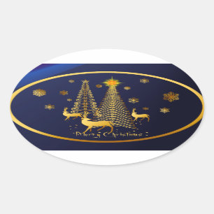 Goldweihnachtsbäume und Ren Ovaler Aufkleber