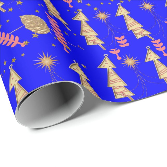 Goldweihnachtsbäume wrapping Paper Blue Geschenkpapier (Rolleneckpunkt)