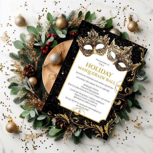 Goldweihnachtsfest Masquerade Einladung (Enjoy celebrating Christmas and the Holidays by inviting your guests for a holiday masquerade ball.)