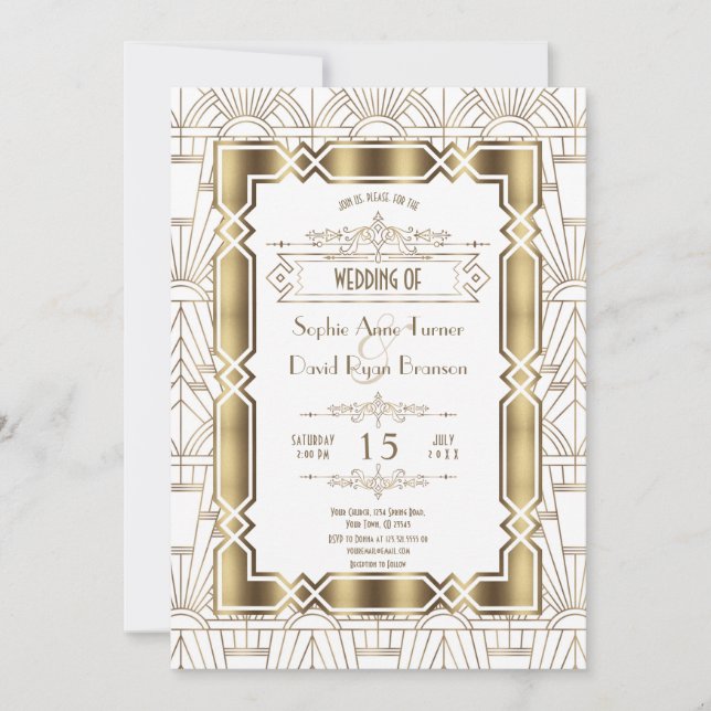 Goldweiße Art Deco Gatsby 20er Jahre Style Wedding Einladung (Vorderseite)