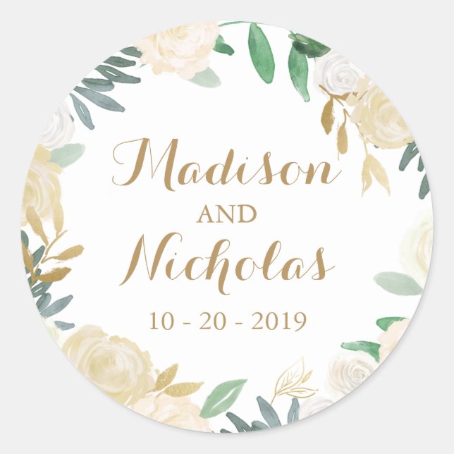 Goldweiße Blume Hochzeitskleber für Umschlag Aufkl Runder Aufkleber (Vorderseite)