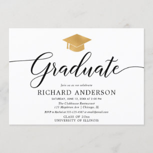 Goldweiße Graduierungsparty, einfache Kalligraphie Einladung