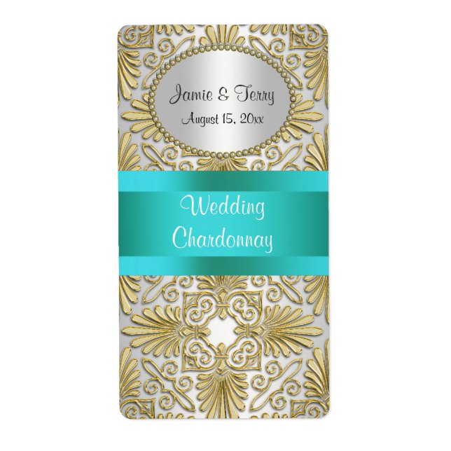 Goldweiße Kunst-Deco Damask Party Weinetikett (Vorne)