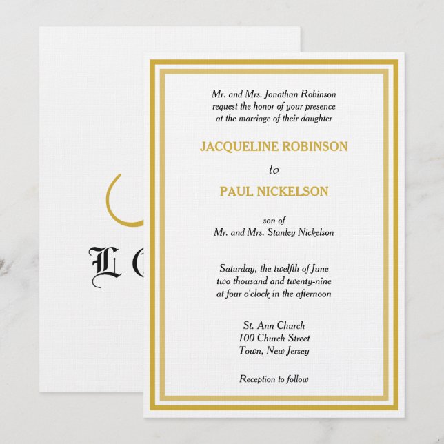 Goldweiße Monogramm-Hochzeit Einladung (Vorne/Hinten)