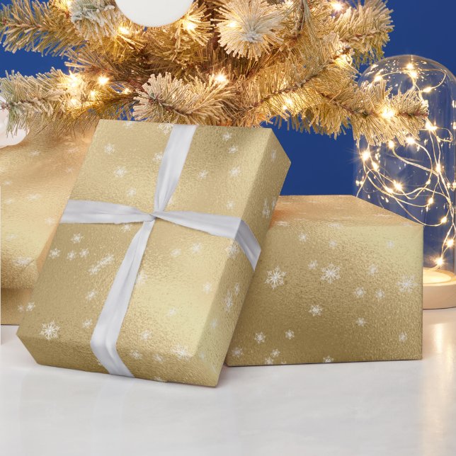 Goldweiße Schneeflocken Geschenkpapier (Feiertage)