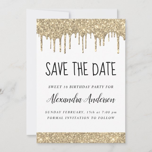 Goldweiße Sparkle Glitzer Süß 16 Save the Date Einladung (Vorderseite)