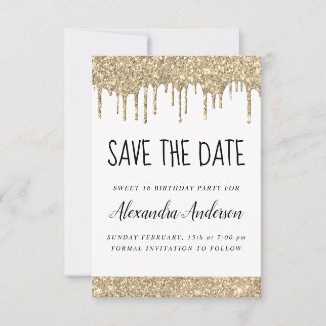 Goldweiße Sparkle Glitzer Süß 16 Save the Date Einladung (Vorderseite)