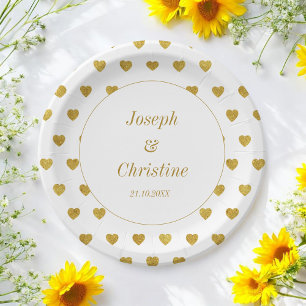 Goldweißes Hochzeitsherzen-Muster-Papierplatte Pappteller