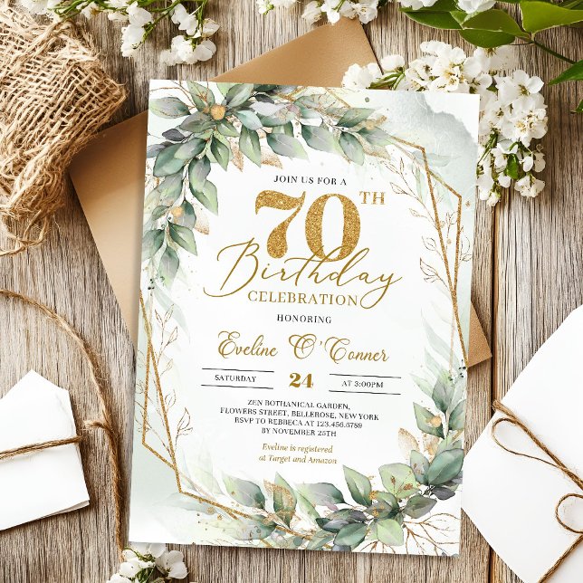 Goldzahl Aquarelleukalyptus 70. Geburtstag Einladung (Spring watercolor dusty green eucalyptus and gold 70th birthday invitation digital)