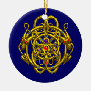 GOLDZELLTISCHE KNOTEN MIT ZWEI DRACHEN KERAMIKORNAMENT