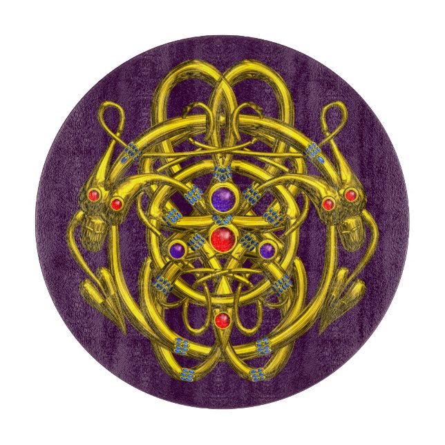 GOLDZELLTISCHE KNOTEN MIT ZWEI DRAGONEN IN LILA ZE SCHNEIDEBRETT (Vorderseite)