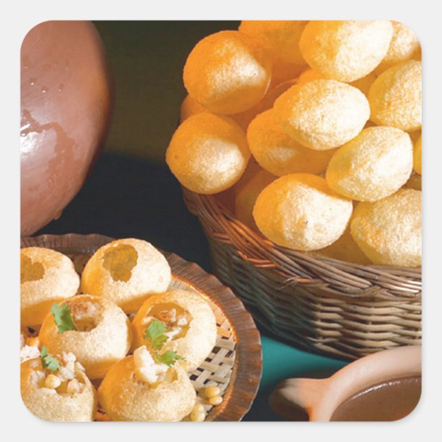 GOLE GAPPAY Panni Puri Indian Cuisine Snack Quadratischer Aufkleber (Vorderseite)