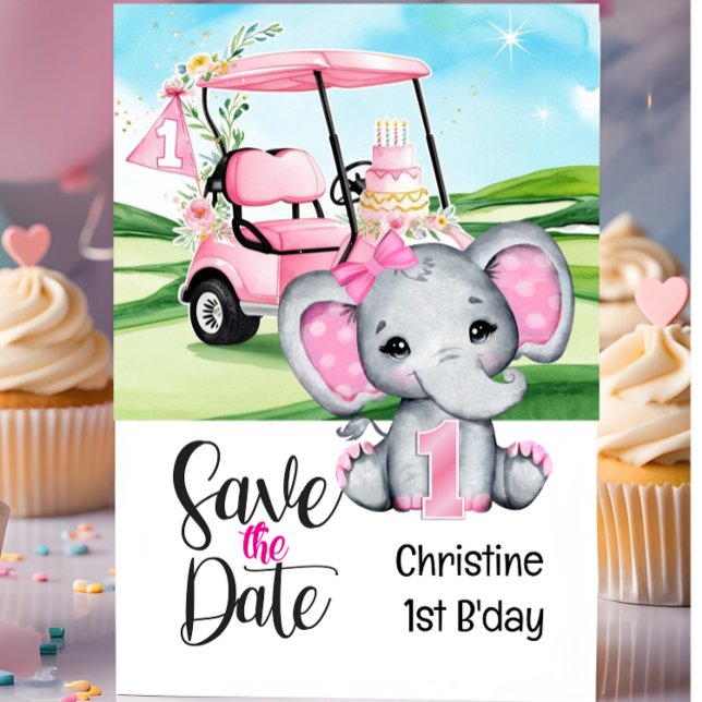 Golf 1. Geburtstag Elefant und Pink Golfwagen Einladung (Von Creator hochgeladen)
