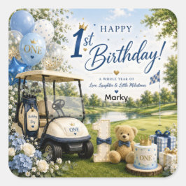 Golf 1. Geburtstag mit Golfwagen auf Putting Green Quadratischer Aufkleber