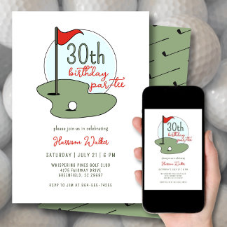 Golf 30. Geburtstagparty Handgezeichnet Modern Grü Einladung